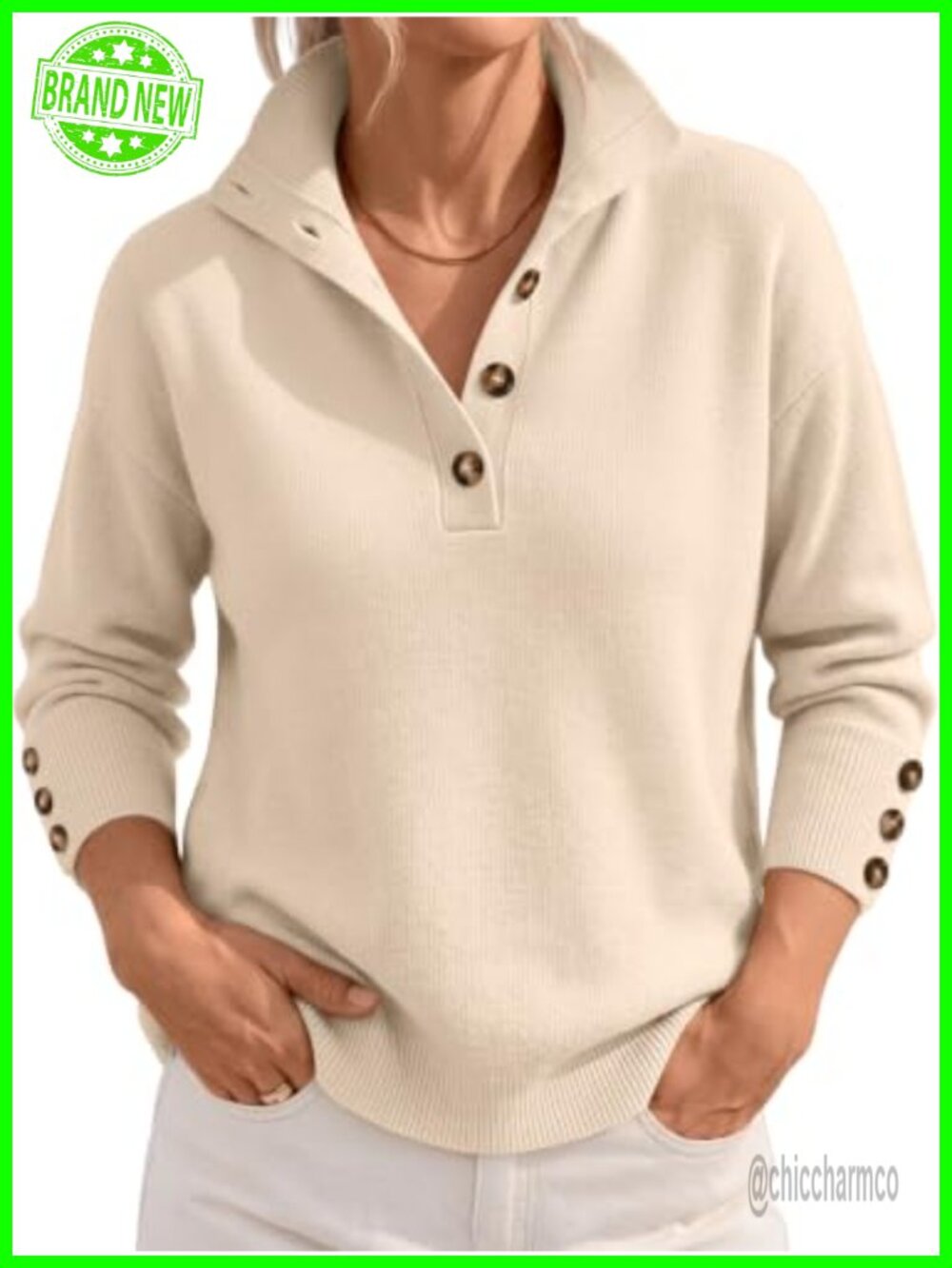 Henley Knit Sweater Stand Collar Viscose Blend Pullover Long Sleeve